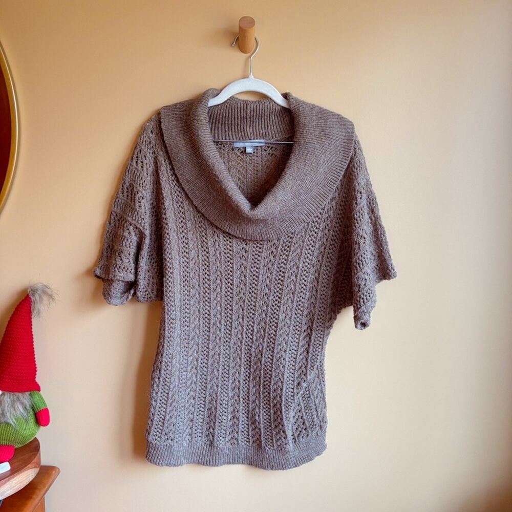 NY Collection Taupe Open-Knit Cowl Neck Short Sleeve Sweater – Size Large 🩶